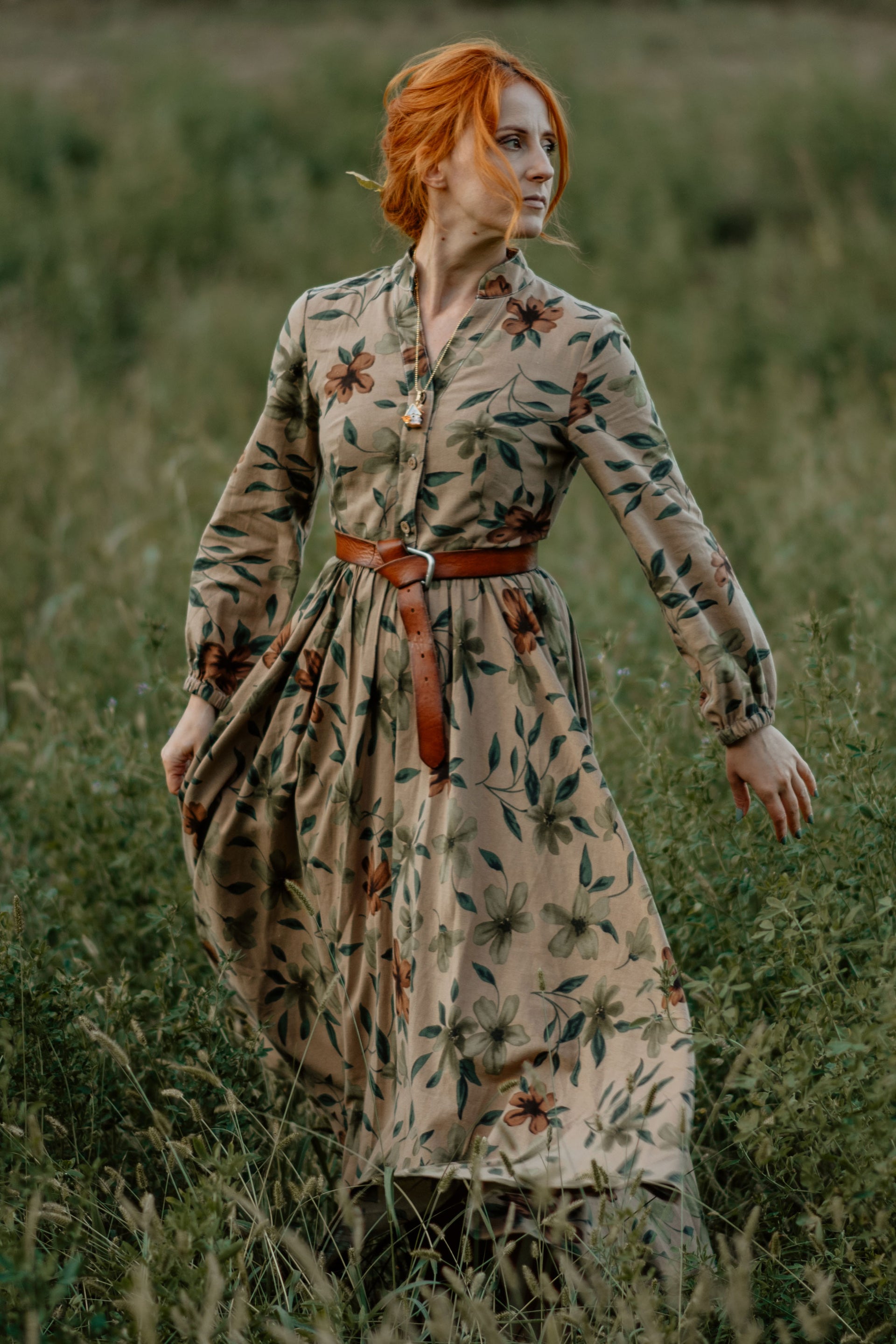 women long shirt dress Floral Linen Maxi - V-Neck Sleeve Pockets This button An ethereal silk chiffon Size:XS-S (Clearance) pcat-411