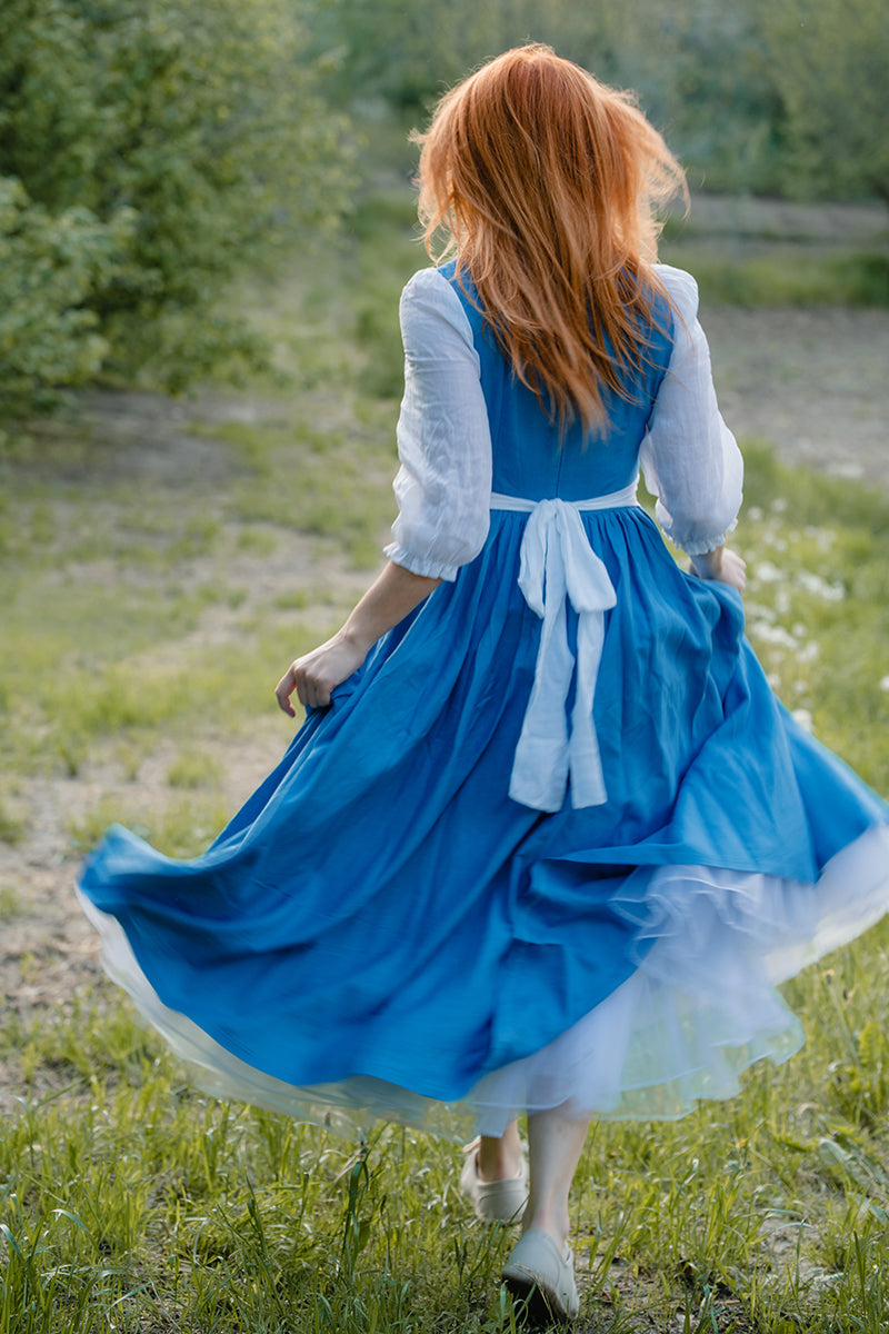 Blue Linen Cotton Cottagecore Dress Vintage Square Neck Midi with Ruffles 3502 Blue Linen Cotton Cottagecore Dress Vintage Square Neck Midi with Ruffles 3502