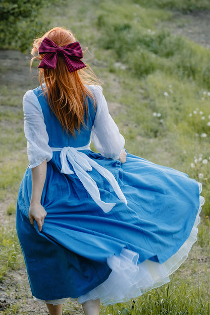 Blue Linen Cotton Dress – Vintage Cottagecore Square Neck Midi Dress 3502