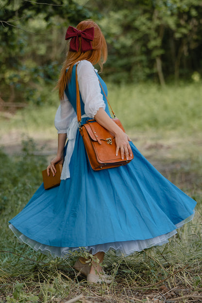 Blue Linen Cotton Dress – Vintage Cottagecore Square Neck Midi Dress 3502