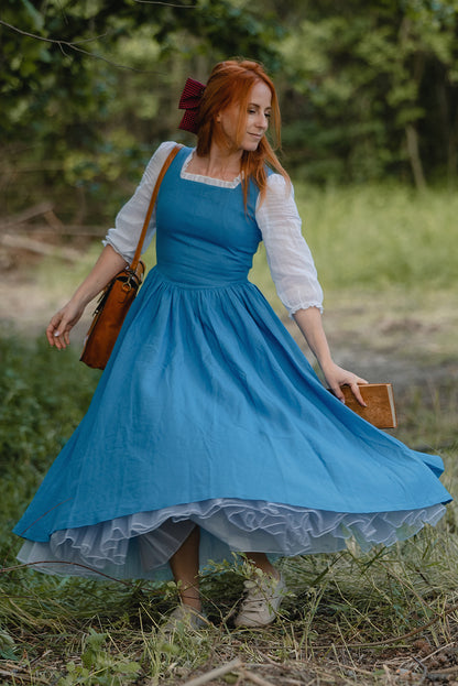 Women Blue Pleat Swing Belted Linen Dress 3502