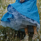 Women Blue Pleat Swing Belted Linen Dress 3502