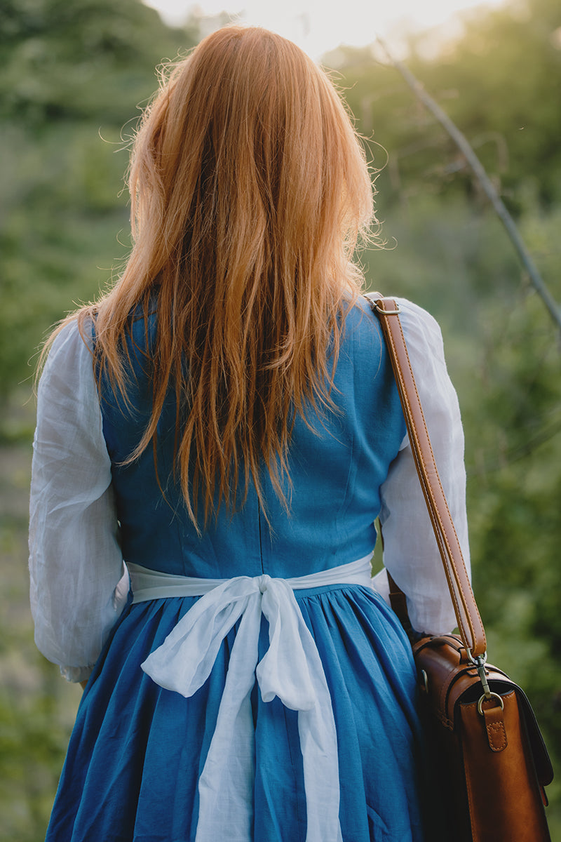 Women Blue Pleat Swing Belted Linen Dress 3502