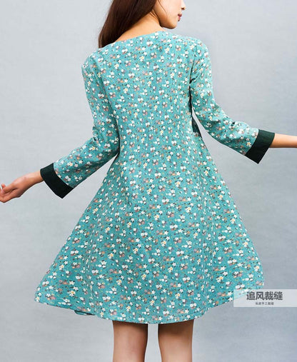 Handmade Green Floral Linen Shirt Dress – Loose Long Top with Buttons | Xiaolizi  0031