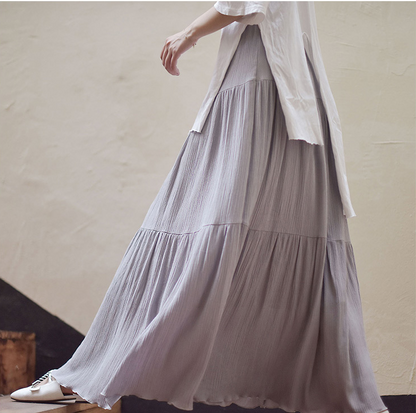 Blue Cotton Linen Maxi Skirt - Ruffle Tiered Pleated Design 2717