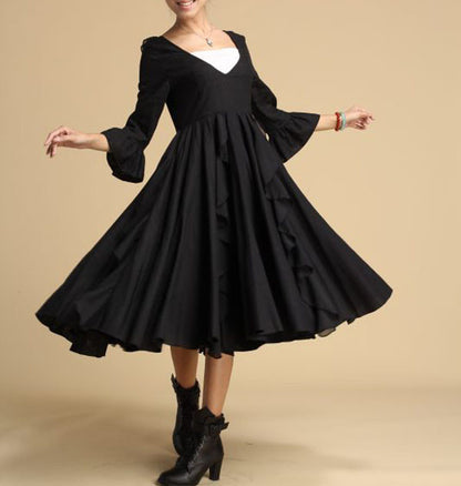 Black Linen Maxi Dress - Deep V-Neck and Pleated Ruffle Skirt 317