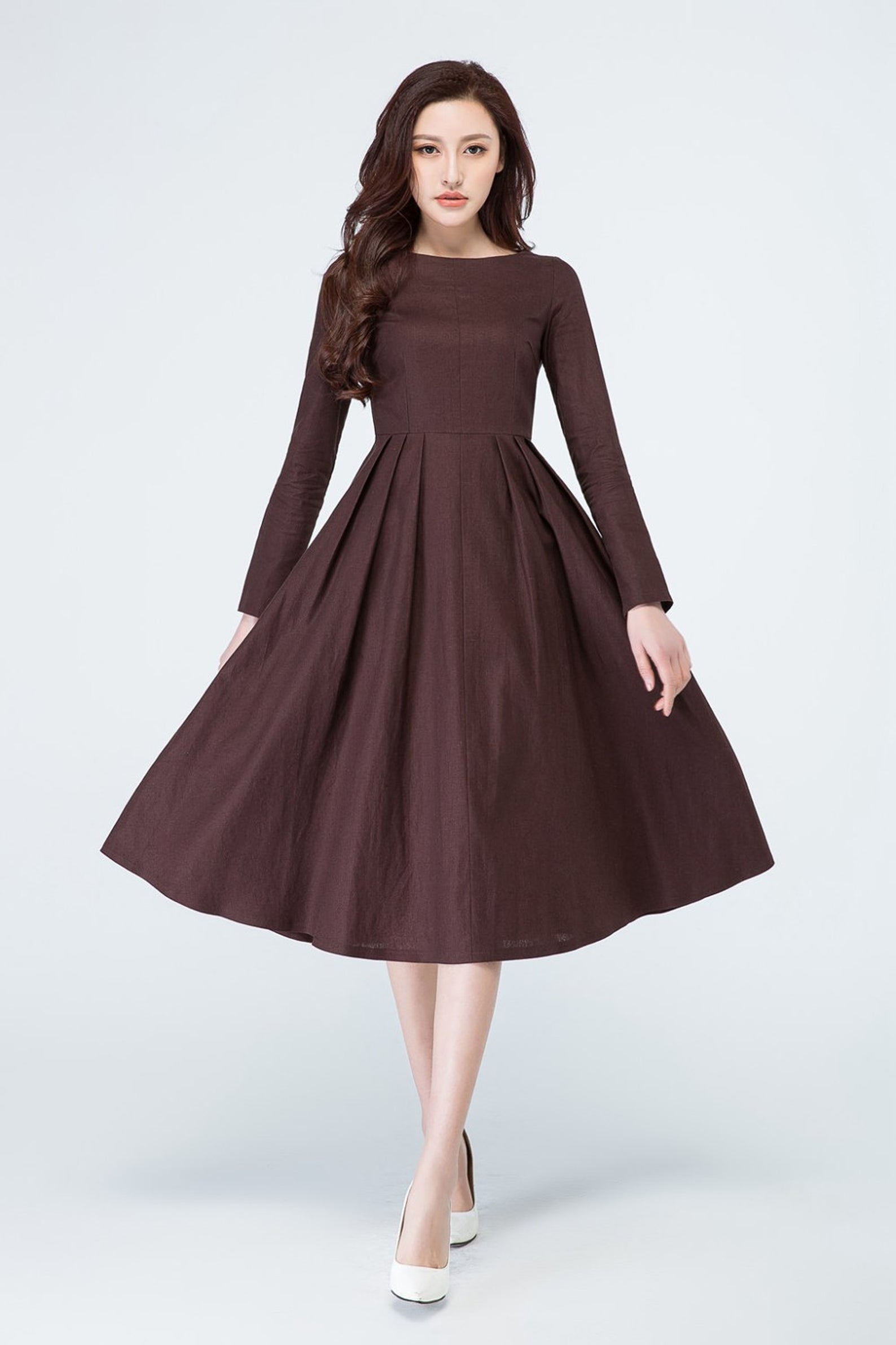 Brown Linen A-Line Dress with Pleated Waist and Long Sleeves – Xiaolizi