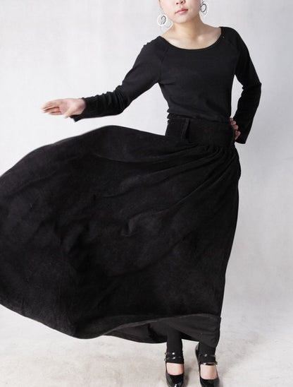 Black Corduroy Maxi Skirt - Pleated Waist, Ankle Length MM35