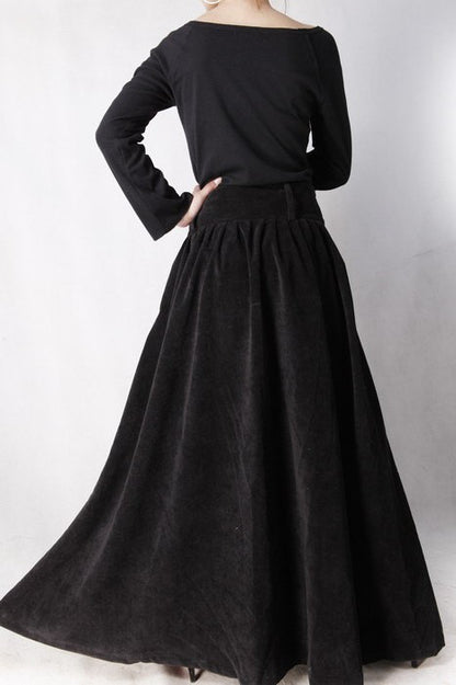 Black Corduroy Maxi Skirt - Pleated Waist, Ankle Length MM35