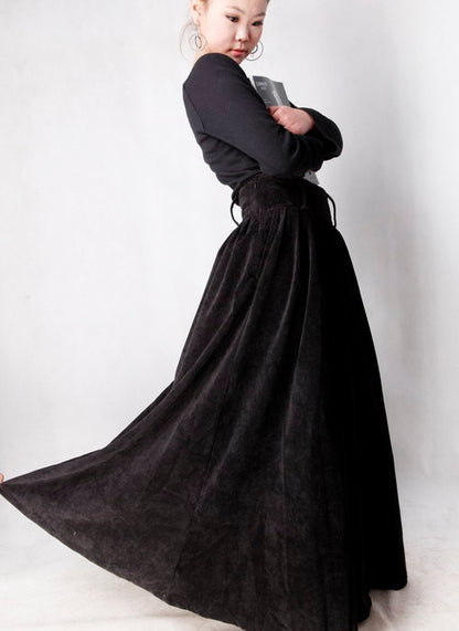 Black Corduroy Maxi Skirt - Pleated Waist, Ankle Length MM35
