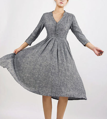Grey Linen Dress - Fit and Flare V-Neck Shirt Dress MM50