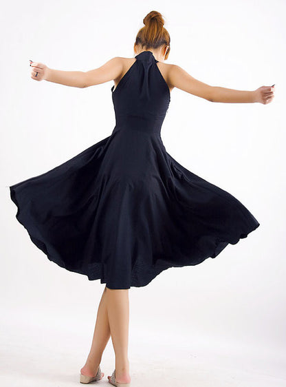 Black Linen Halter Dress - Sleeveless with Floaty Full Skirt MM07