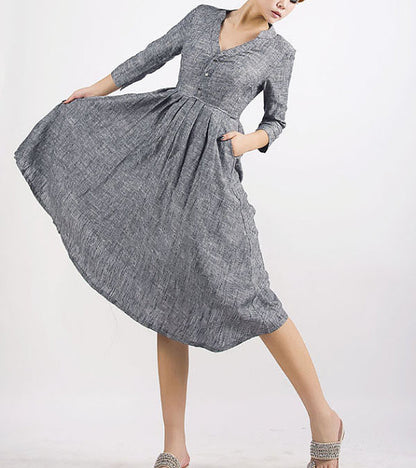 Grey Linen Dress - Fit and Flare V-Neck Shirt Dress MM50