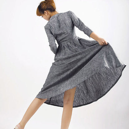 Grey Linen Dress - Fit and Flare V-Neck Shirt Dress MM50