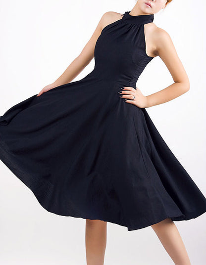 Black Linen Halter Dress - Sleeveless with Floaty Full Skirt MM07