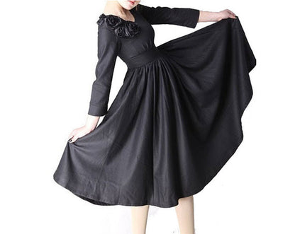 Black Bridesmaids Dress with Flower Embellishment on One Shoulder - Fitted Waist MM06#