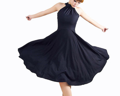 Black Linen Halter Dress - Sleeveless with Floaty Full Skirt MM07