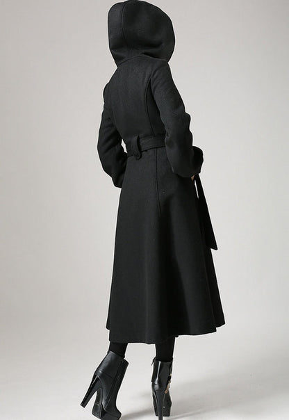 Handmade Black Wool Hooded Coat – Elegant Winter Swing Overcoat with Belt | Xiaolizi 724
