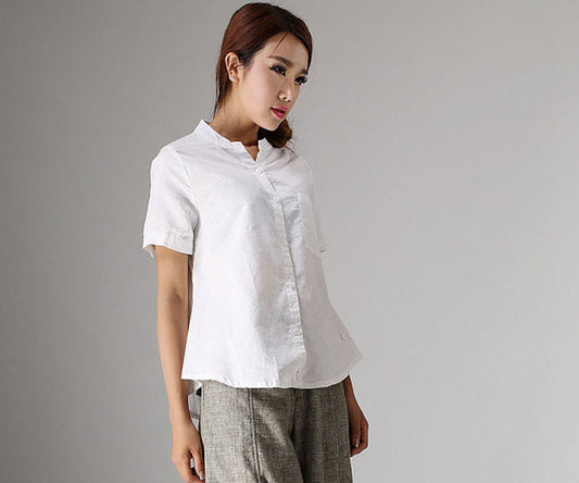 White linen blouse short sleeve tops 98611