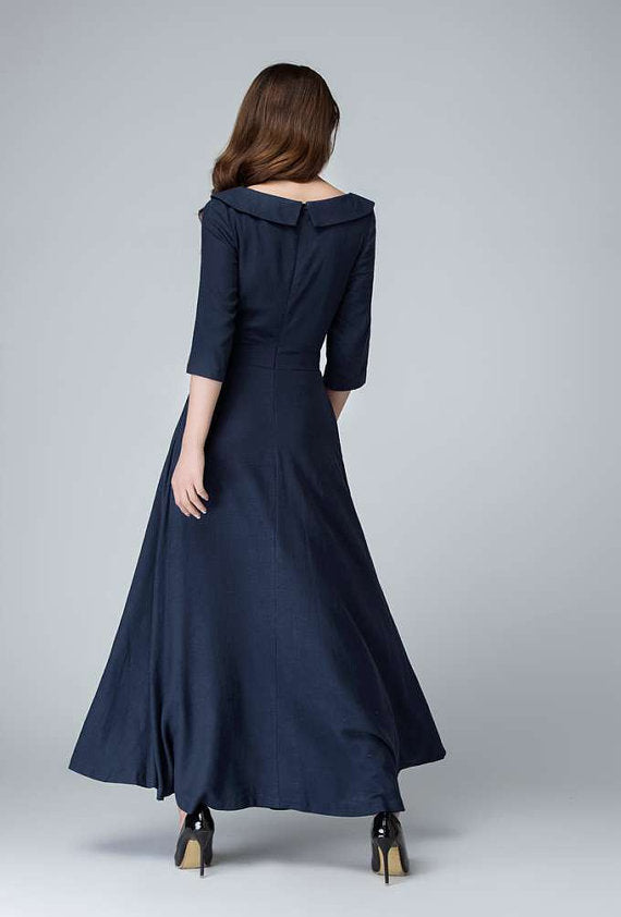 Navy Linen-Cotton Maxi Dress with Asymmetrical Neckline and Flared Skirt Xiaolizi Navy Linen-Cotton Maxi Dress with Asymmetrical Neckline and Flared Skirt Xiaolizi
