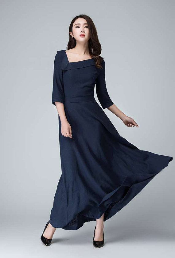 Elegant Navy Maxi Dress Asymmetrical Neckline Formal Style 1453 Xiaolizi Elegant Navy Maxi Dress Asymmetrical Neckline Formal Style 1453 Xiaolizi