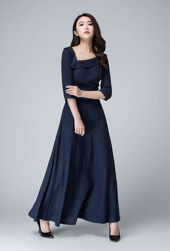 Navy Linen-Cotton Maxi Dress with Asymmetrical Neckline and Flared Skirt Navy Linen-Cotton Maxi Dress with Asymmetrical Neckline and Flared Skirt