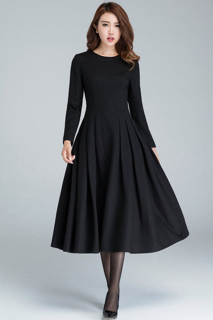 Handmade Black Wool Midi Dress – Vintage Fit & Flare Long Sleeve with Pleated Skirt 1614