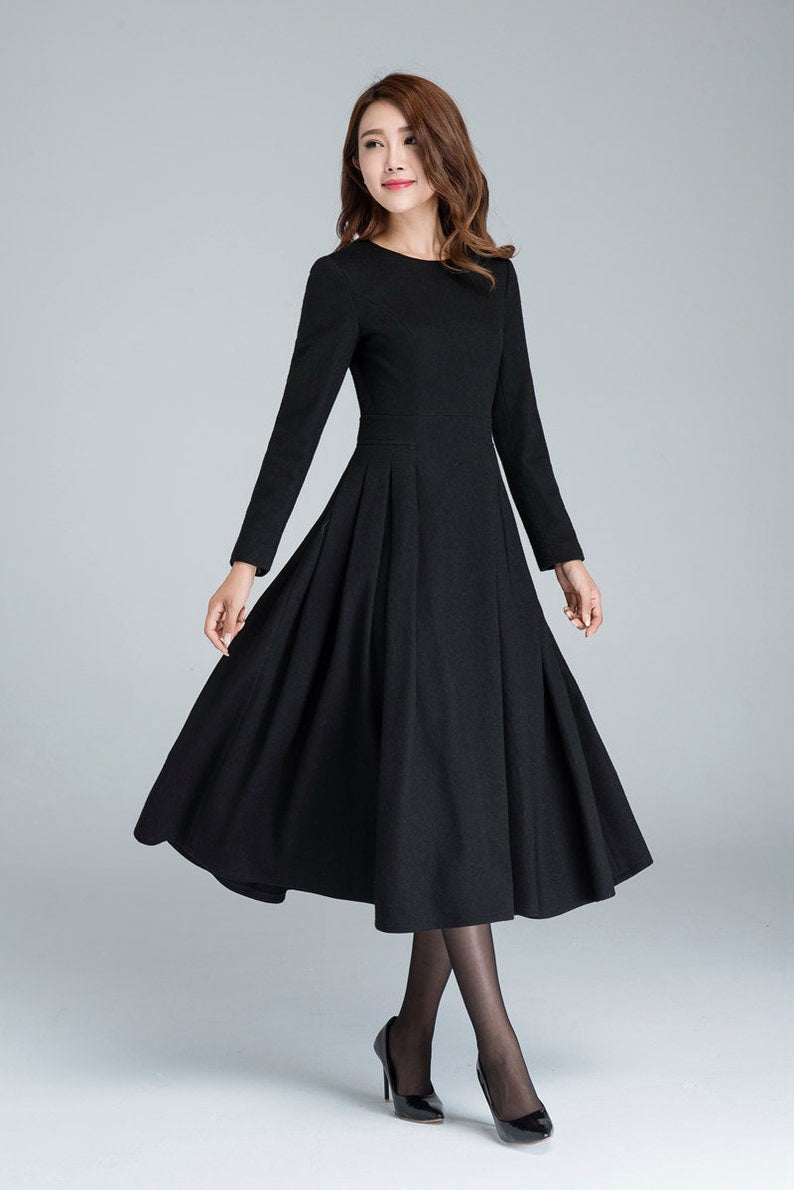 Black Wool Midi Dress Handmade Vintage Fit & Flare Pleated Long Sleeve 1614 Black / Xs Black Wool Midi Dress Handmade Vintage Fit & Flare Pleated Long Sleeve 1614 Black / Xs
