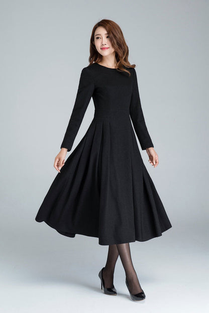 Handmade Black Wool Midi Dress – Vintage Fit & Flare Long Sleeve with Pleated Skirt 1614
