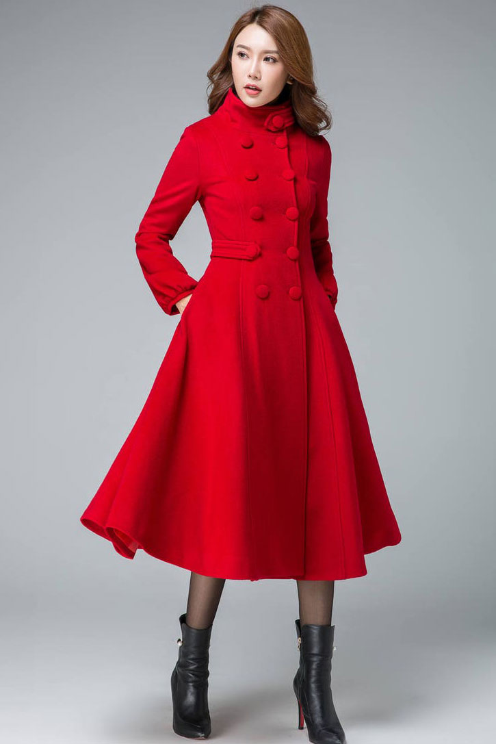 Red Fit and Flare Wool Long Winter Coat Women1846#