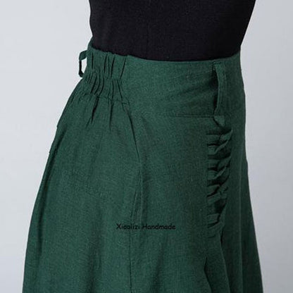 Dark Green Linen Cotton Midi Skirt - A-Line Pleated | Xiaolizi 2155