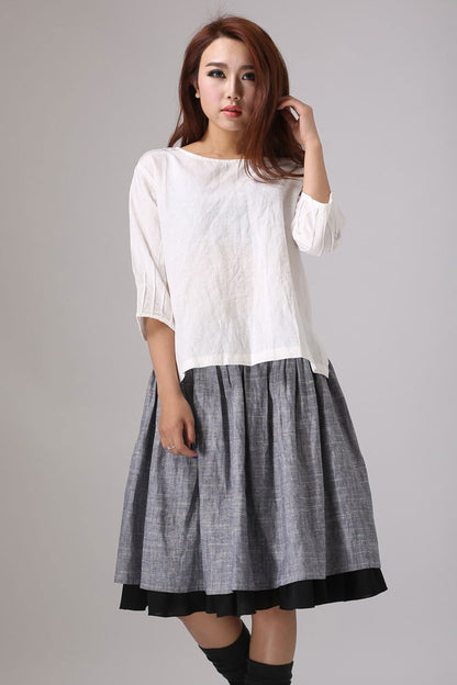 White Linen Cotton Blouse – Handmade Oversized 3/4 Sleeve Top 77711