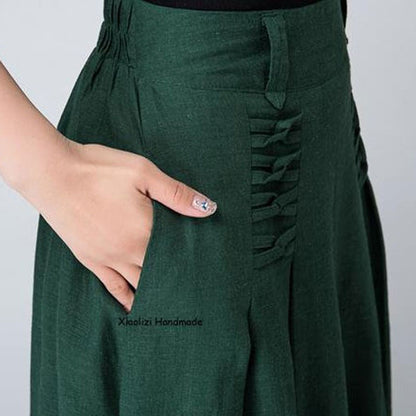 Dark Green Linen Cotton Midi Skirt - A-Line Pleated | Xiaolizi 2155