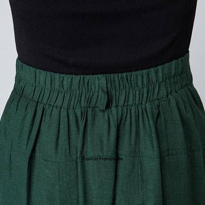 Dark Green Linen Cotton Midi Skirt - A-Line Pleated | Xiaolizi 2155
