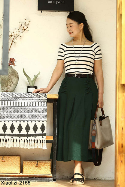 Dark Green Linen Cotton Midi Skirt - A-Line Pleated | Xiaolizi 2155