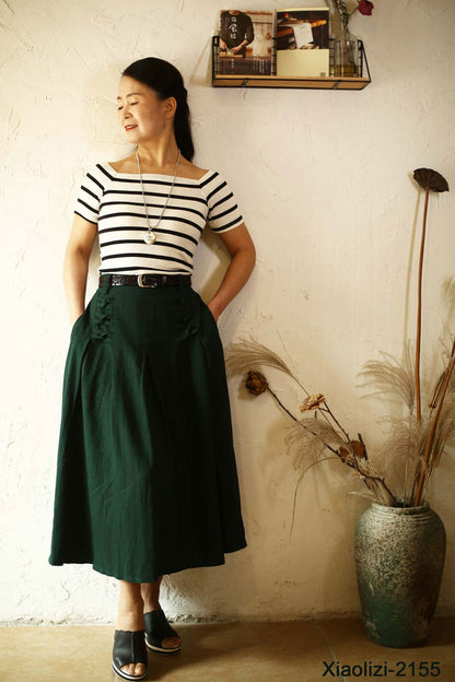 Dark Green Linen Cotton Midi Skirt - A-Line Pleated | Xiaolizi 2155