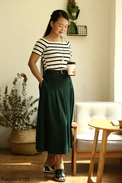 Dark Green Linen Cotton Midi Skirt - A-Line Pleated | Xiaolizi 2155
