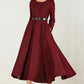 Burgundy Wool Midi Dress – Women’s Long Sleeve Fit and Flare Winter Dress 2429