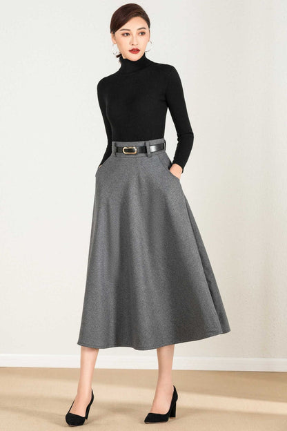 Women A-Line Wool Maxi Skirt 2428#