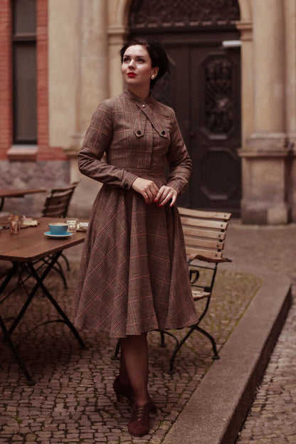 Brown Wool Plaid Dress - 1950s Fit & Flare Knee Length | Xiaolizi 2448