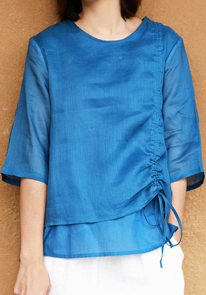 White Linen Shirt Top - Scoop Neckline, Drawstring Detail 2825