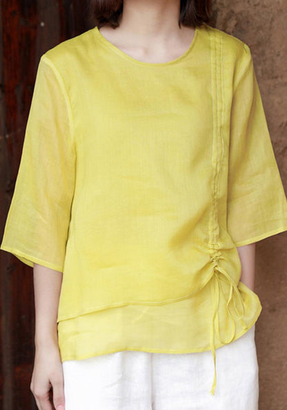 White Linen Shirt Top - Scoop Neckline, Drawstring Detail 2825