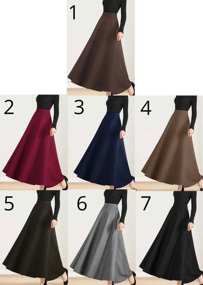 Vintage Inspired Grey Wool Maxi Skirt with Pockets – 1950s Retro A-Line Winter Skirt 2437