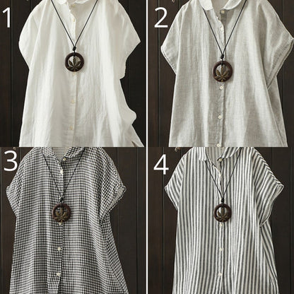 White Linen Blouse with Cap Sleeves - Lightweight and Crisp Button-Up 289001