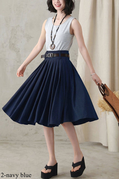 Army Green Linen Skirt - Pleated Full Circle with Pockets 281711