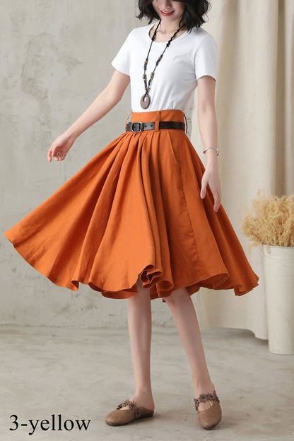 Army Green Linen Skirt - Pleated Full Circle with Pockets 281711