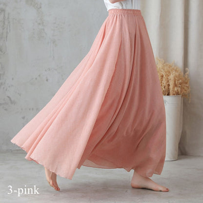 Bohemian Rust Red Linen Maxi Skirt – High-Waist Swing Hem – 2744
