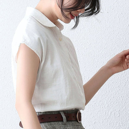 White Linen Blouse with Cap Sleeves - Lightweight and Crisp Button-Up 289001