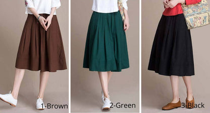 Brown Linen Cotton Circle Skirt - Elastic Waist, Knee Length 2827
