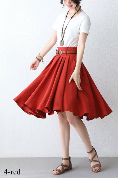 Army Green Linen Skirt - Pleated Full Circle with Pockets 281711
